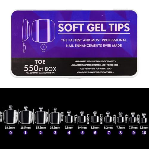 Cycullinyt 550pcs Square Soft Gel Toe Nail Tips 11 Sizes Square Toenails Full Cover Acrylic Press on False Nail Tips No