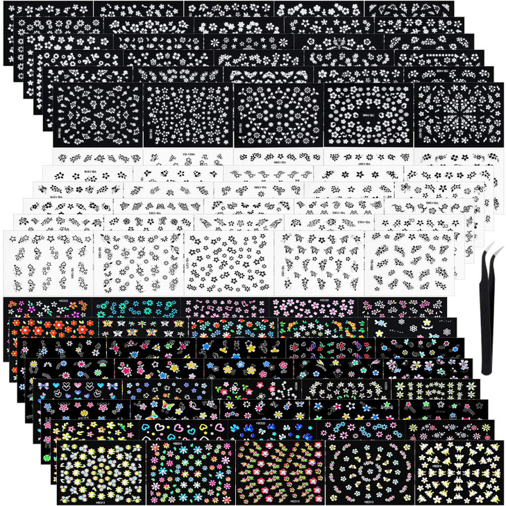 Blulu 5000 Pcs Flower Nail Stickers 100 Sheets 3D Self Adhesive Nail Stickers Multi Design Decals Multicolor Flower Mani