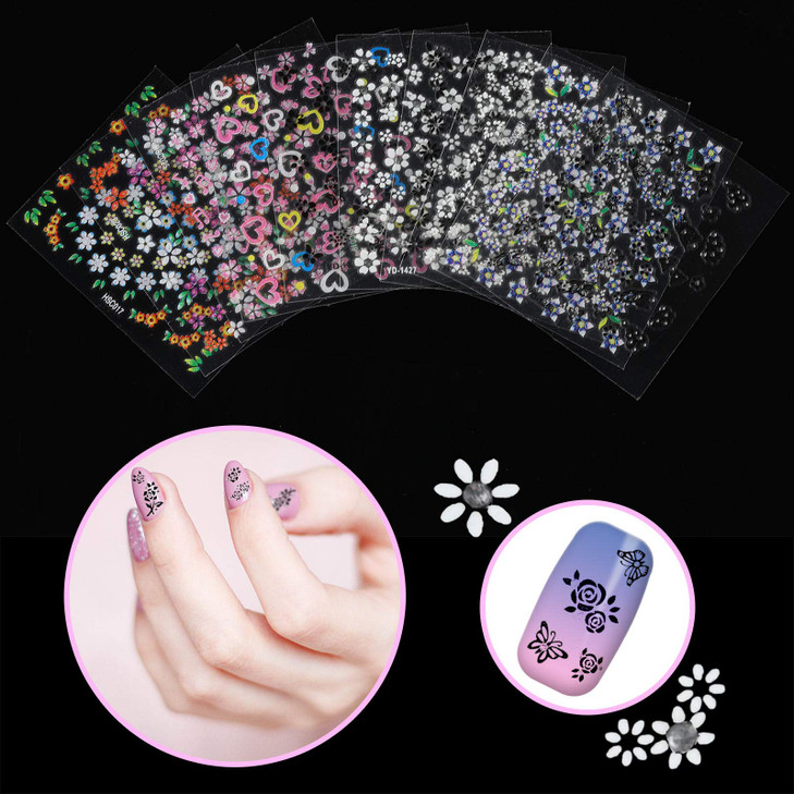 Blulu 5000 Pcs Flower Nail Stickers 100 Sheets 3D Self Adhesive Nail Stickers Multi Design Decals Multicolor Flower Mani
