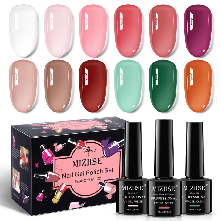 MIZHSE Jelly Gel Nail Polish Set 12 Color Clear Translucent Spring Gel Polish 7ml Sheer Manicure Kit UV LED Soak Off Var