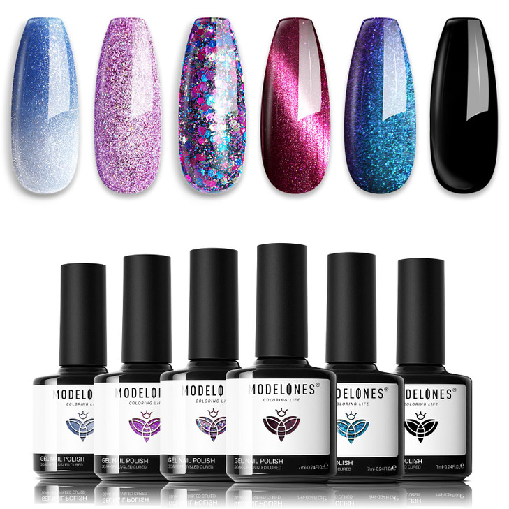 modelones Glitter Gel Nail Polish Set 6 Colors Blue Color Changing Red Cat Eye Magnetic Gel Polish Chameleon Reflective