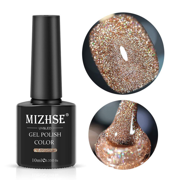 MIZHSE Reflective Gel Nail Polish Glitter Gold Gel Polish Sparkly Shiny Nail Effect Soak Off Nail Art Varnish for Beginn