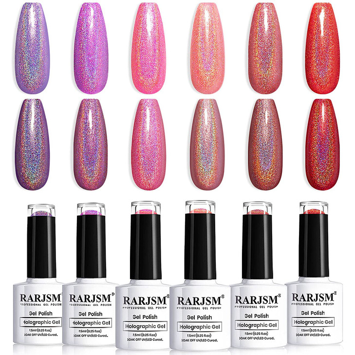 RARJSM Holographic Gel Nail Polish Set Summer Colors Glitter Gel Polishes Kit Rose Gold Hot Pink Red Violet Bright Purpl