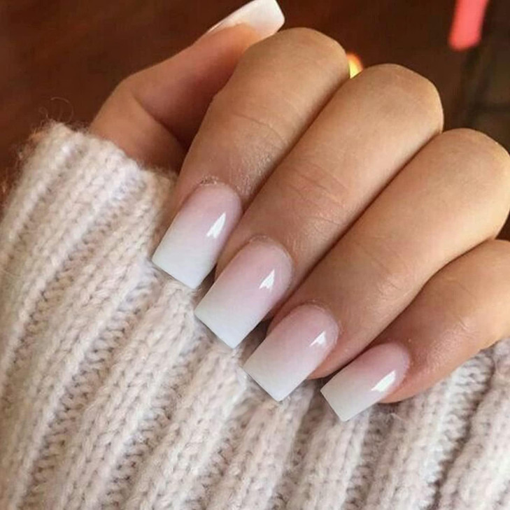 KQueenest Ombre Pink Press on Nails Short Medium Square Glue on Nails White and Pink French Fake Nails Short Coffin Acry