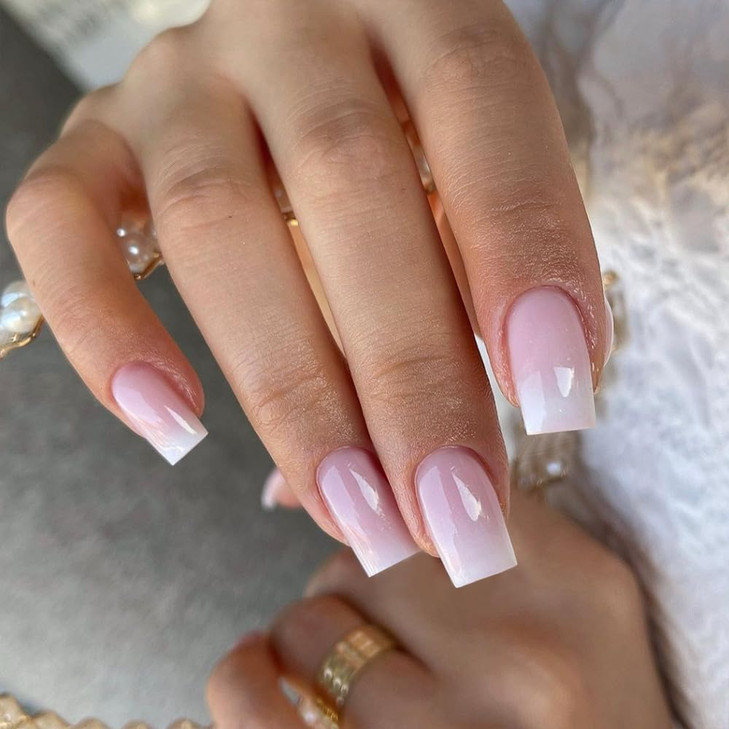 KQueenest Ombre Pink Press on Nails Short Medium Square Glue on Nails White and Pink French Fake Nails Short Coffin Acry
