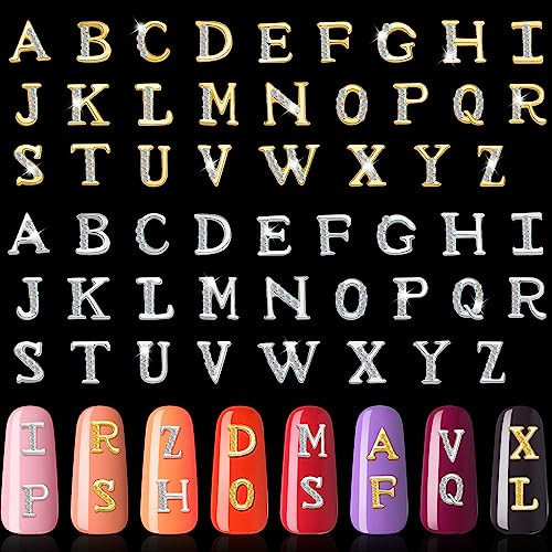 Maitys 104 Pcs Gold Silver Letter Nail Charms 3D Capital Charms Studs Letters and Rhinestone Crystal Nail Decals English
