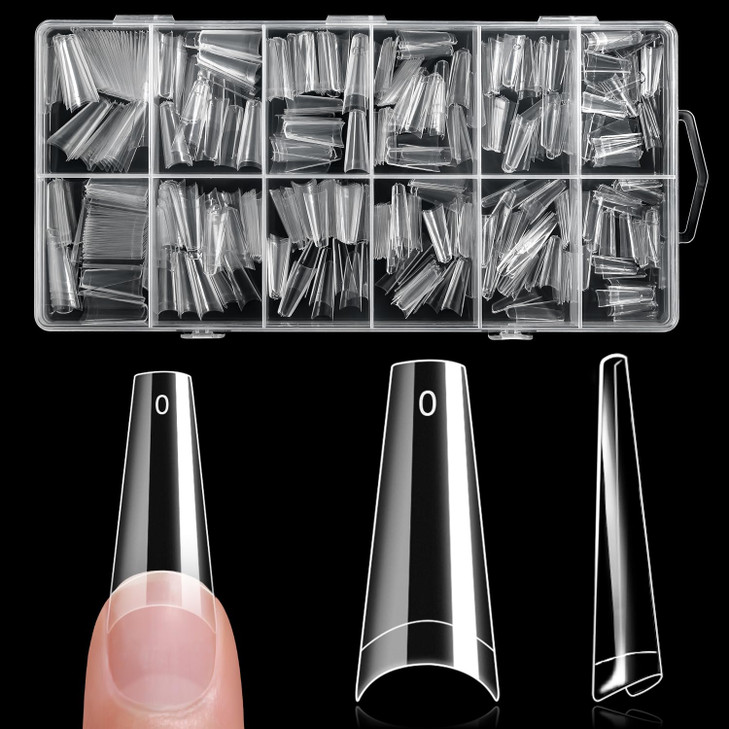 krofaue 600PCS Half Cover Coffin Nail Tips Acrylic Nail Tips 12 Size Clear False Nails Tips with Box for Nail Salons and