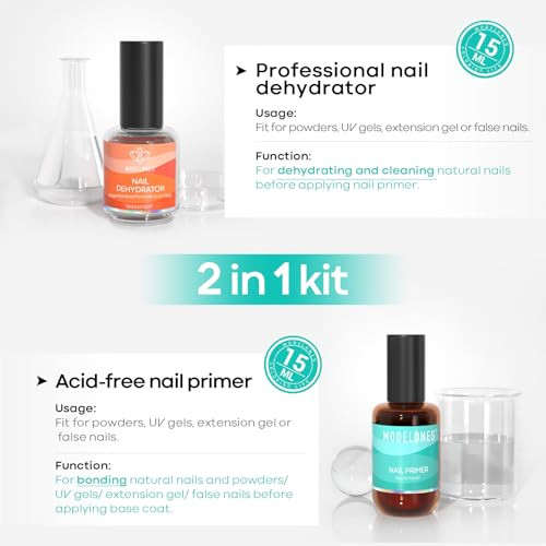 modelones 4 Pcs Nail Dehydrator and Primer 15 ml Acid Free Natural Prep Dehydrate Bond Primer HemaFree Bonding for Nail