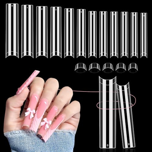 504 PCS No C Curve Clear Nail Tips for Acrylic Nails Professional 3XL Extra Long 12 Sizes Half Cover Straight Tapered Sq