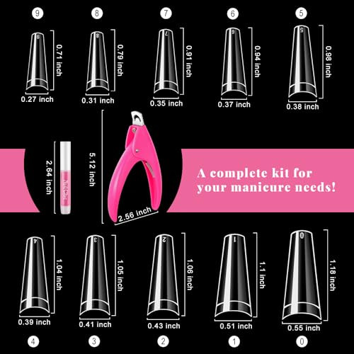 MORGLES Half Cover Coffin Nail Tips Set 500 Pcs Clear Acrylic Nail Tips with Glue Clipper Files Cuticle Pusher and Fork