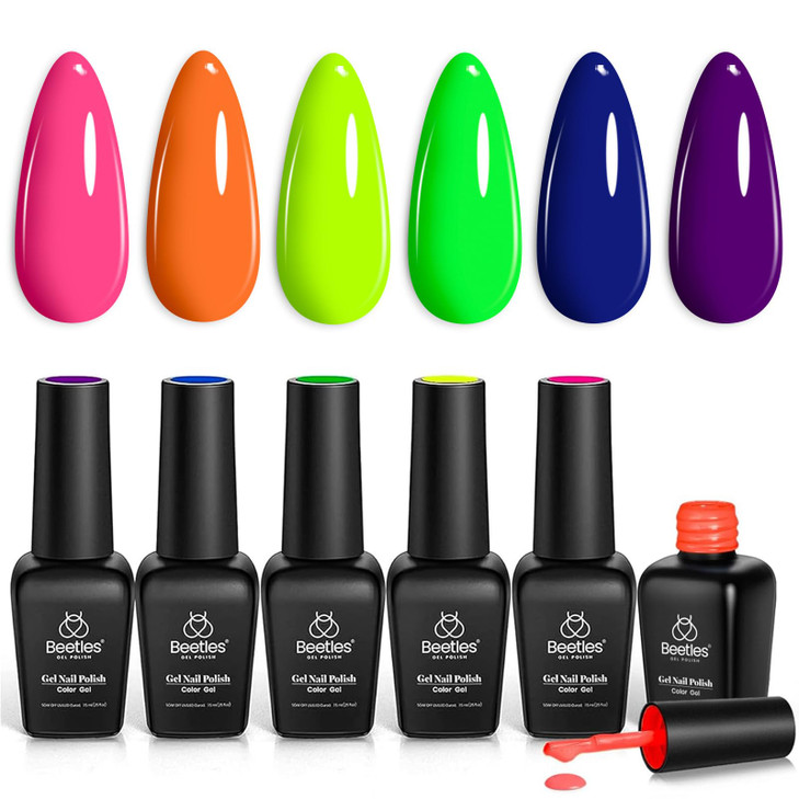 Beetles Neon Gel Nail Polish Set Dopamine Pleasure 6 Colors Neon Gel Polish Orange Hot Pink Blue Yellow Green Purple Soa