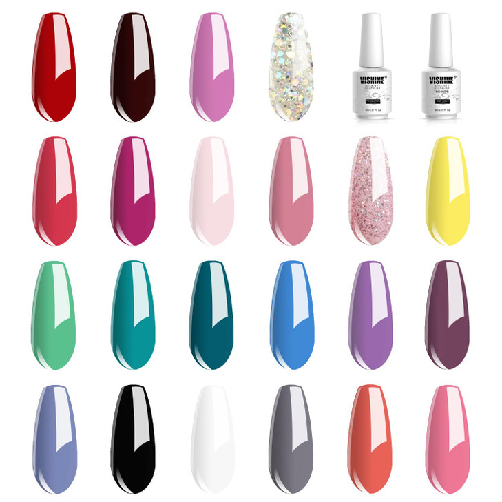 Vishine 24 PCS Soak Off UV Gel Nail Polish Plain Range 22 Color Gel Polish No Wipe Base and Top Coat Starter Set 02