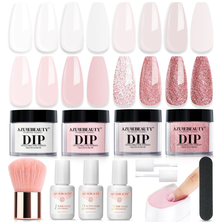 AZUREBEAUTY Dip Powder Nail Kit4 Colors Nude Pink Glitter HuesStarter Set for French Nails All SeasonsIncludes Base Coat