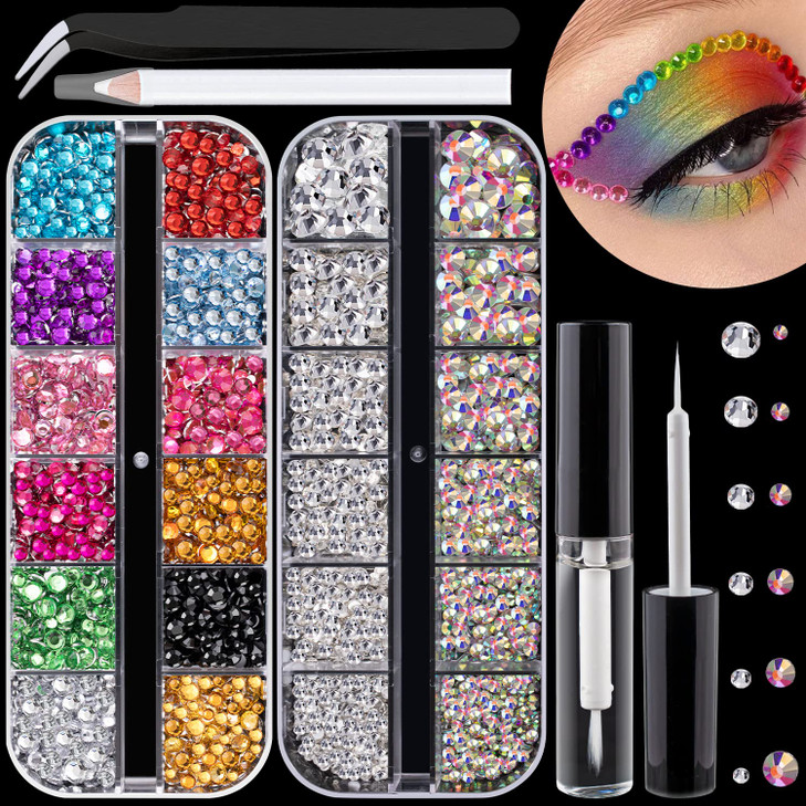 Flat Back Rhinestone Kits Colorful RhinestonesCrystal ABTransparent White Face Gems Nail Gem with Quick Dry Makeup GlueP