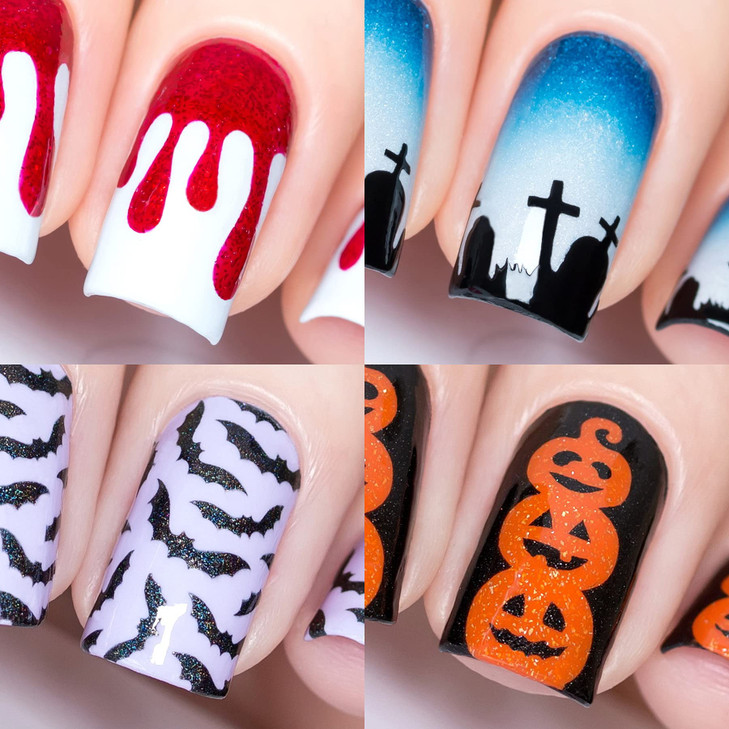 Halloween Nail Vinyl Stencils 4 Pack Dripping Graveyard Bats Pumpkin Topiary for Nail Art Design