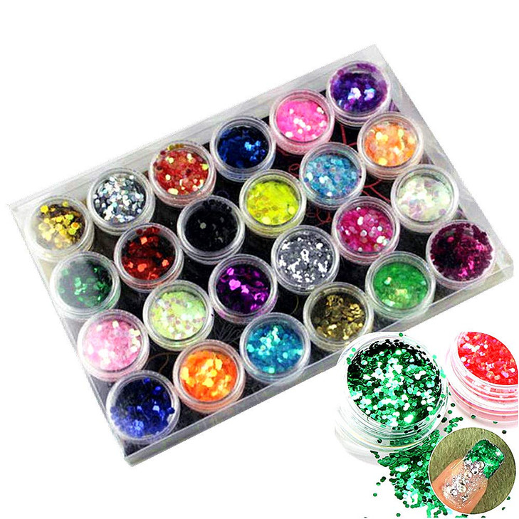 XICHEN 24 PcsColors Glitter Powder Dust Nail Art Tip Decoration