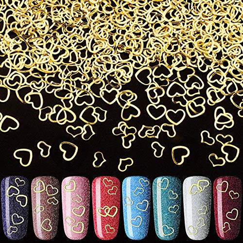 PAGOW 1000pcs 3D Gold Heart Nail Art Metal Charm Kit Love Small Metallic DIY Studs Sequins Valentine Decoration Spring S