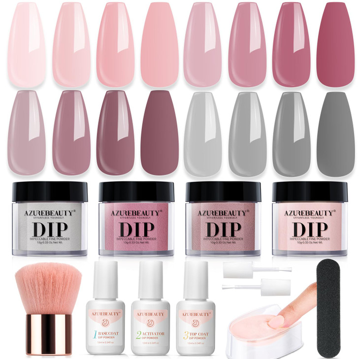 AZUREBEAUTY Dip Powder Nail Kit 4 Colors Gentle Nude Pink Neutral Skin Dipping Powder System Liquid Set Recycling Tray w