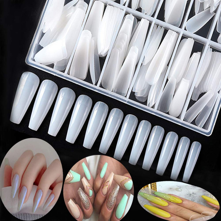600pcs Long Coffin Fake Nails Full Cover Natural Ballerina False Nail Acrylic Nail Tips with Case Artificial Nails10 Siz