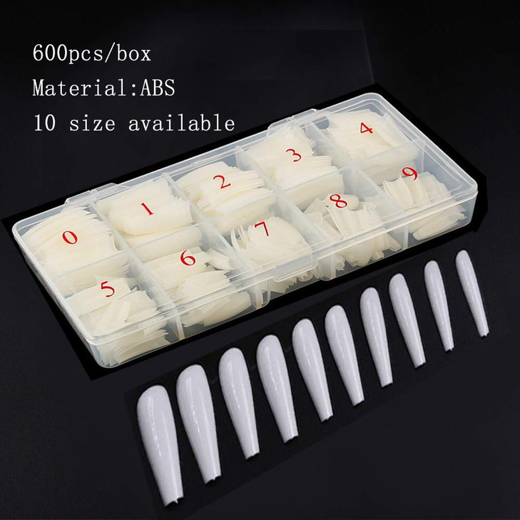 600pcs Long Coffin Fake Nails Full Cover Natural Ballerina False Nail Acrylic Nail Tips with Case Artificial Nails10 Siz
