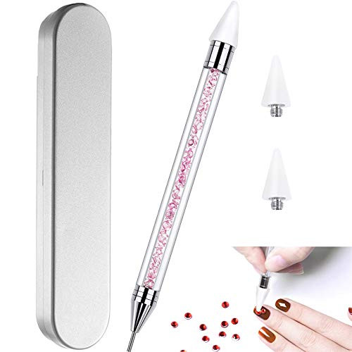 Nail Rhinestone Picker Dotting Tool with Extra 2 Wax Head Dualended DIY Nail Art Tool With Pink Acrylic Handle