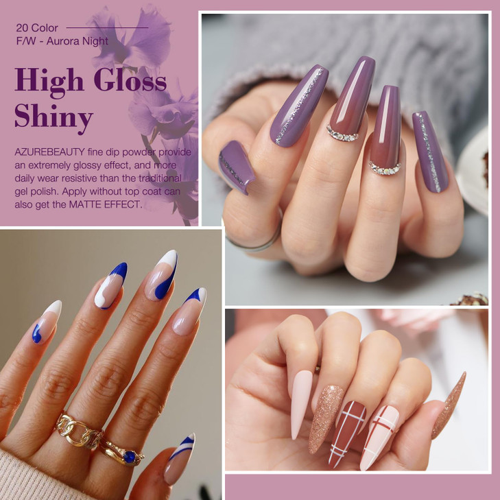 31Pcs Dip Nails Powder Starter Kit AZUREBEAUTY 20 Colors Purple Blue Glitter Dipping Powder Recycling Tray Liquid Set wi