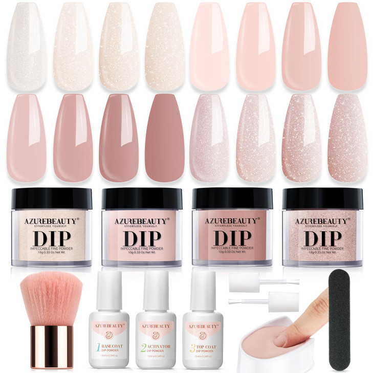 AZUREBEAUTY Dip Powder Nail Kit Starter All Season Nude Skin Glitter 4 Colors Dipping Powder Liquid Set Recycling Tray w