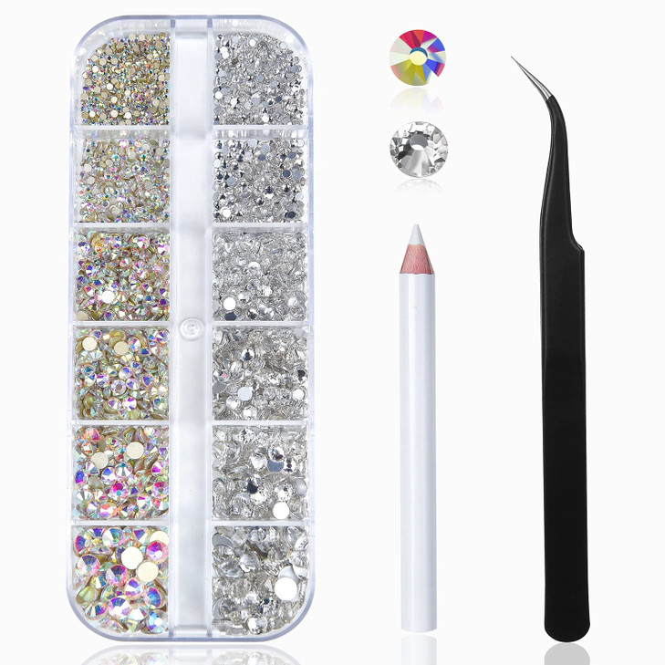 Nail Art Rhinestones Kit HUETFAT 2400pcs Nail Gems Ab Flatback Rhinestones Gems Stones with Storage Organizer BoxWax Pen