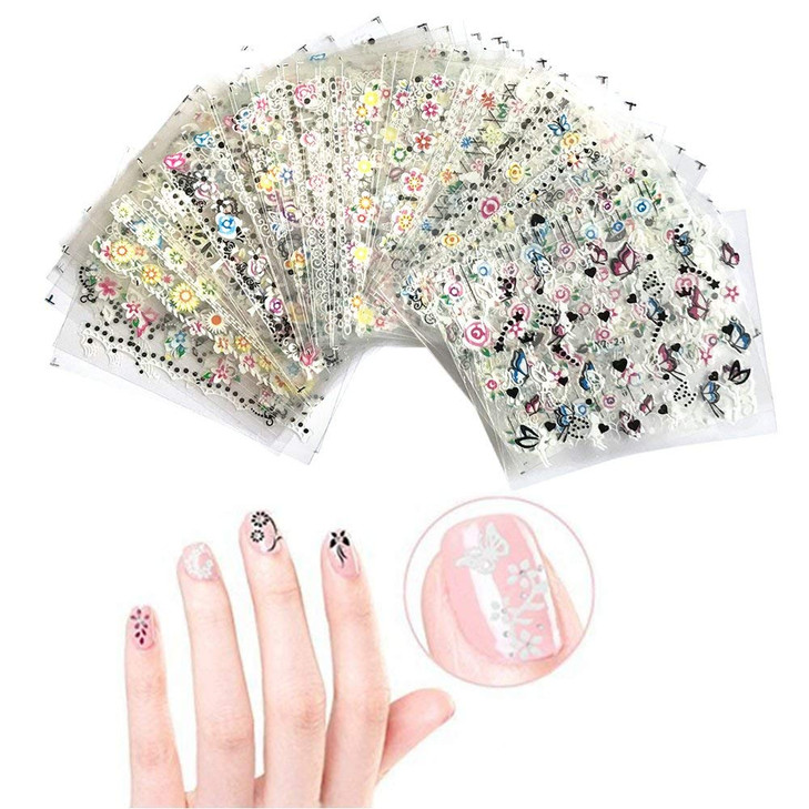 Valuu 50 Sheets Selfadhesive 3D Nail Stickers Black White Colorful Flower Nail Decals For Girl Children Kids Fingernails