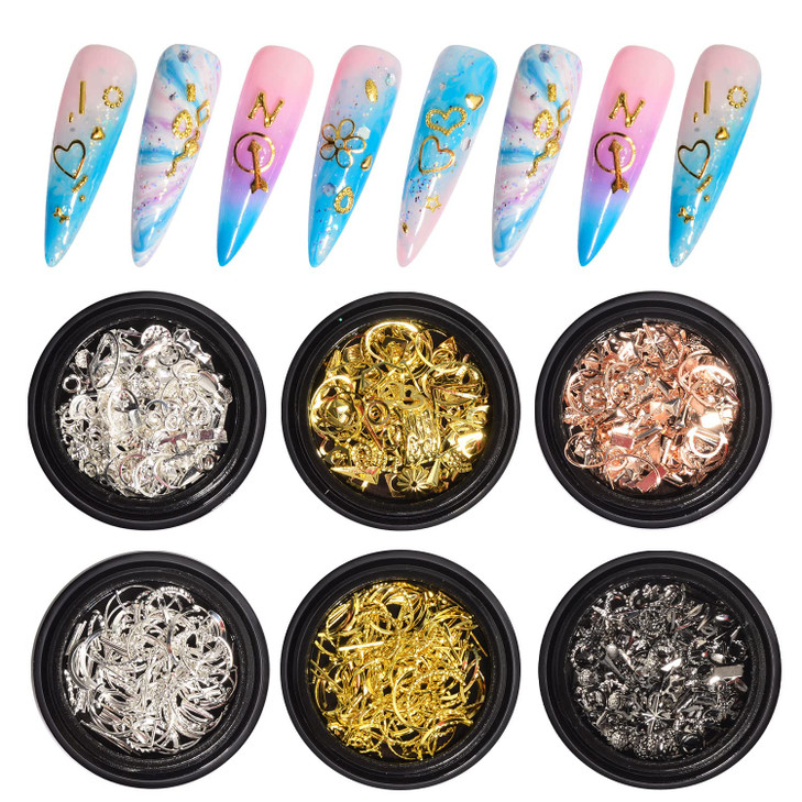 WEILUSI Gold Metal Nail Art Studs 3D Mixed Shapes Gold Sliver Rose Gold Nail Rivets Charms Star Moon Design Alloy Kit fo