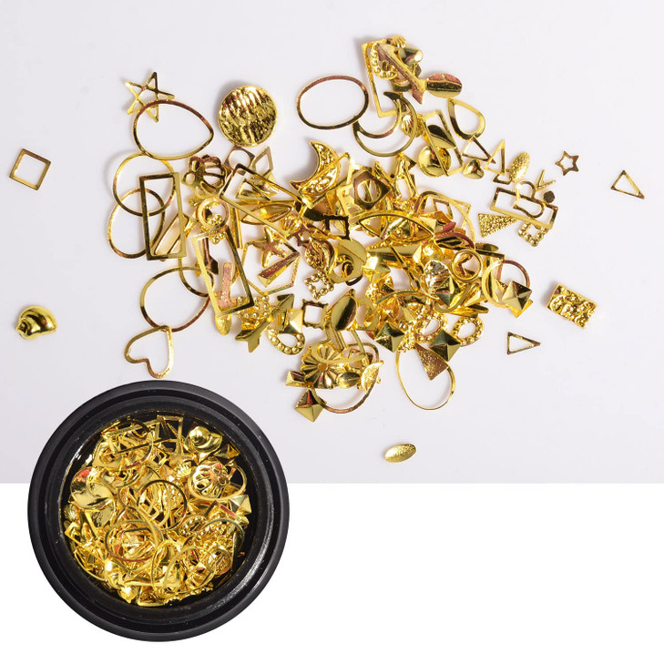 WEILUSI Gold Metal Nail Art Studs 3D Mixed Shapes Gold Sliver Rose Gold Nail Rivets Charms Star Moon Design Alloy Kit fo