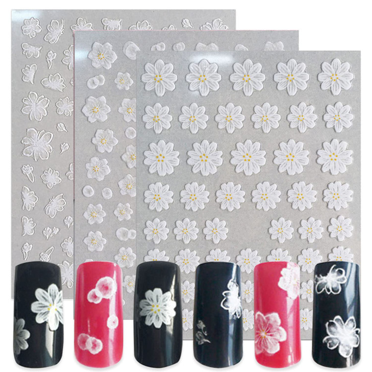 SILPECWEE 8 Sheets Self Adhesive Nail Stickers White Flower Star Heart 3D Nail Art Decals for DIYSalon Nail Decoration M