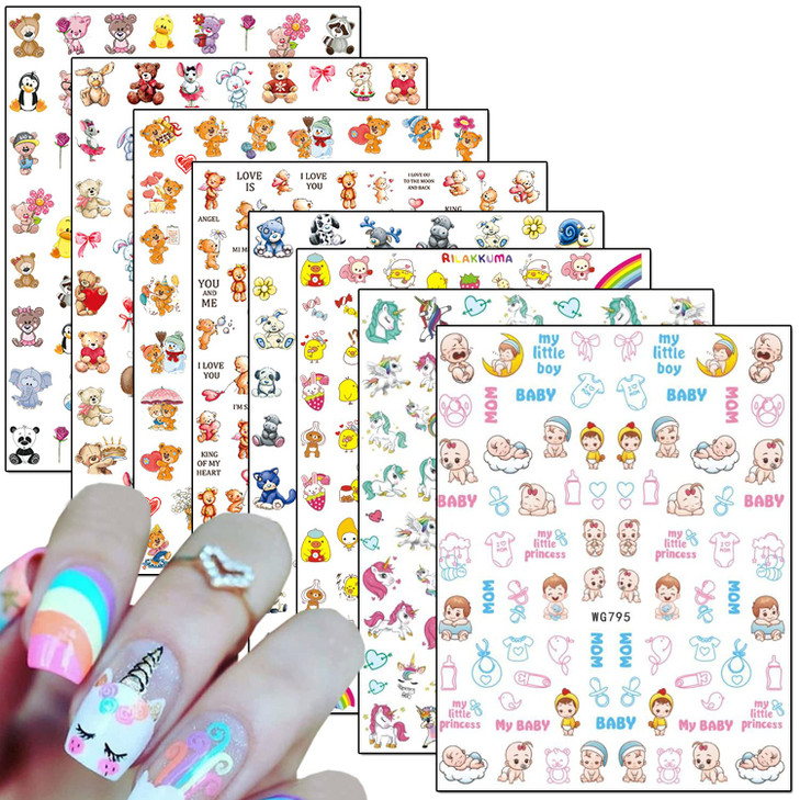 Cartoon Nail Art Stickers Cute Animal 3D SelfAdhesive Decals Design Unicorn Bear Dog Cat Flowers Chicken Rabbit Heart Ba