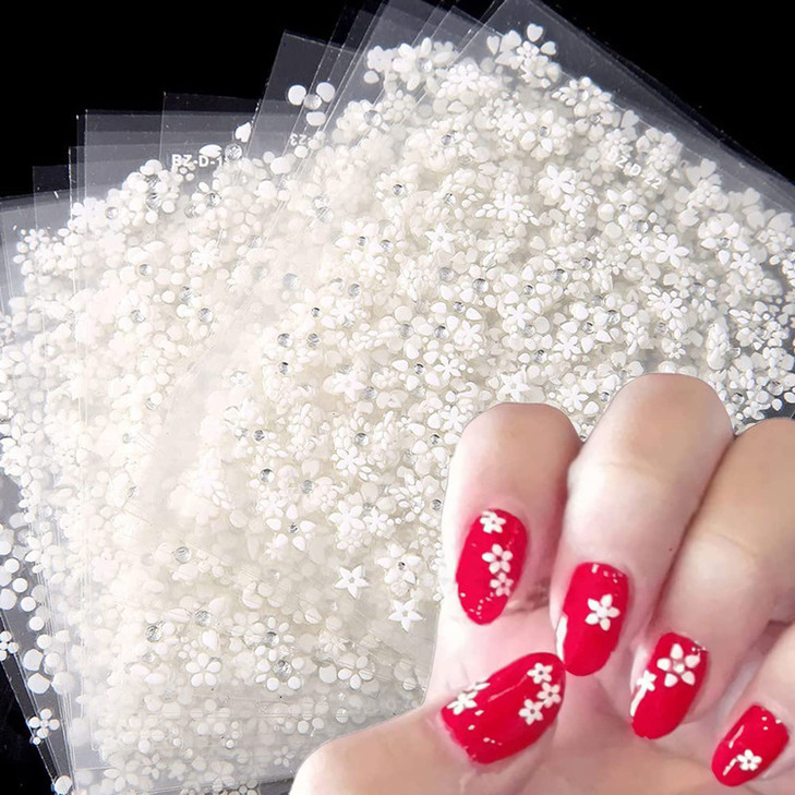 30 Sheets White Flowers Nail Art Stickers 3D Self Adhesive Nail Sticker Design Holographic Small Floral Nail Art Decals