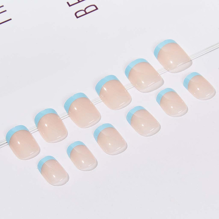 RikView Press on French Tip Nails Oval Tips Glossy Fake False Nails with Design Full Cover Acrylic Nails Blue