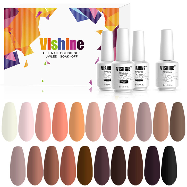 Vishine 24Pcs Gel Nail Polish Kit 8ml Bare Collection Soak Off Nail Gel Set Nude Glitter Pastel Pink Peach Brown Natural