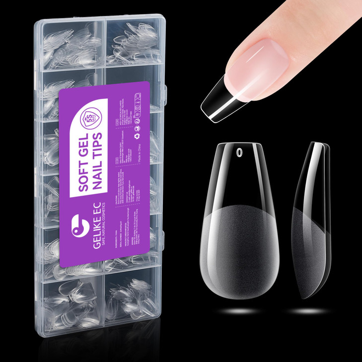 Gelike EC Soft Gel Nail Tips Kit for Soak Off Nail Extensions Full Cover Coffin Shaped PreBuff PMMA Resin Clear UltraThi