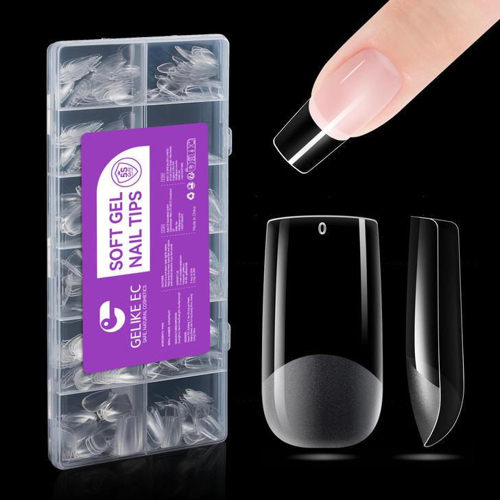 Gelike EC Soft Gel Full Cover Nail Tips Kit for Soak Off Nail Extensions 552 Pcs Clear Medium Square Gelly Tips PreBuff