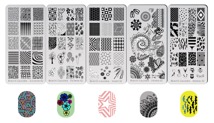 Beaute Galleria Bundle Nail Art Stamping Set 5 Styles of Premium Etched Stamping Plates Image Templates Silicone Nail Ma