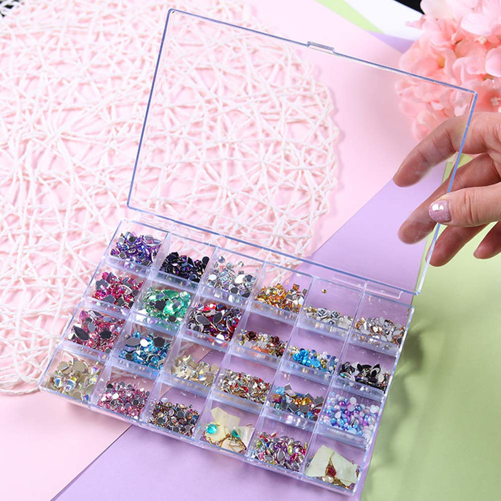 Kemaily 24 Slots Empty Clear Nail Art Decoration Storage Box Nail Glitter Rhinestone Crystal Accessories Container Stora