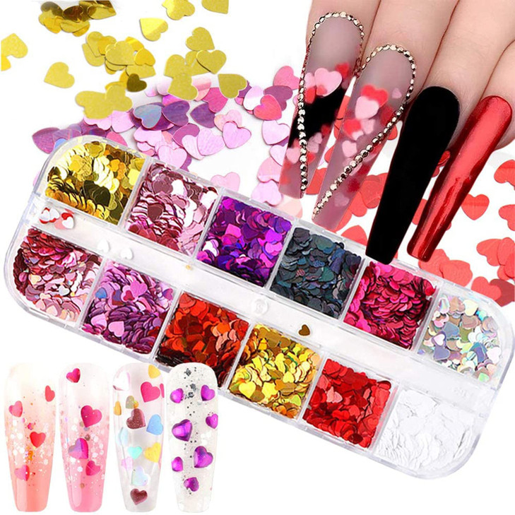 12 Colors Heart Holographic Nail Glitter Sequin Accessories Colorful 3D Heart Nail Flakes Powder UV Gel Polish Acrylic D