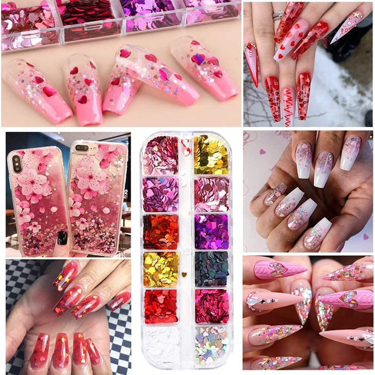 12 Colors Heart Holographic Nail Glitter Sequin Accessories Colorful 3D Heart Nail Flakes Powder UV Gel Polish Acrylic D