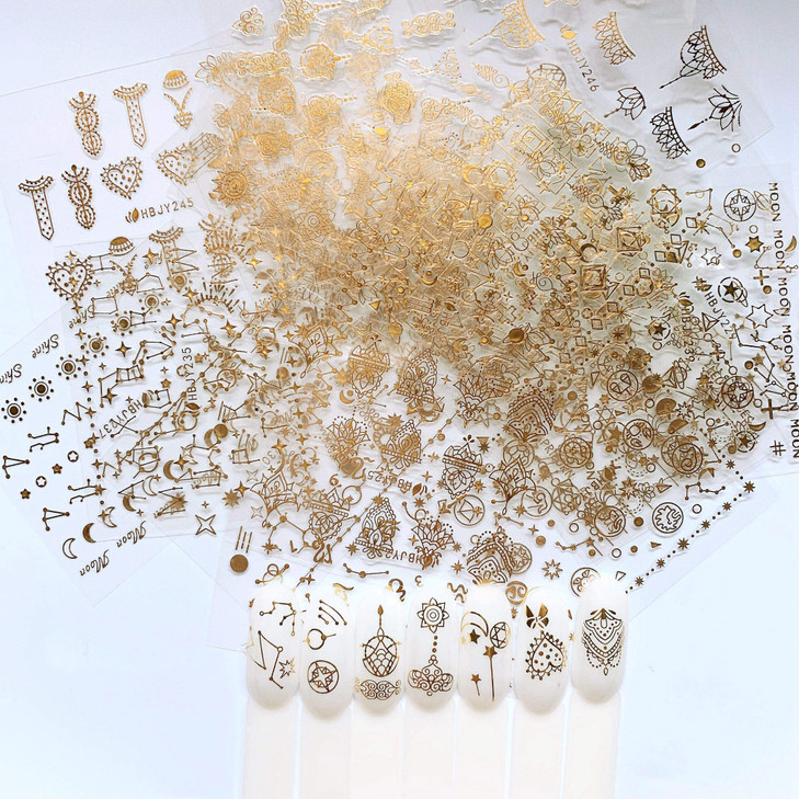 NAIL ANGEL 24 Sheets Nail Art Adhesive Gold Color Sticker Sheets Moon Star Universal Flower Shapes Sticker Sheets Nail A