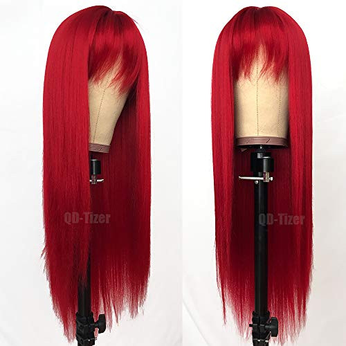 QDTizer Red Color Long Silky Straight Wigs with Bangs Synthetic No Lace Wig for Fashion Women Heat Resistant Natural Loo