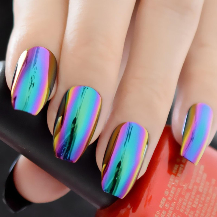 CoolNail Ballerina Coffin Nails Mirror Chrome False Nail Solid Reflection Magic Mirror Effect Green Purple Holo Fake Nai