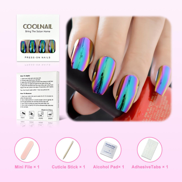 CoolNail Ballerina Coffin Nails Mirror Chrome False Nail Solid Reflection Magic Mirror Effect Green Purple Holo Fake Nai