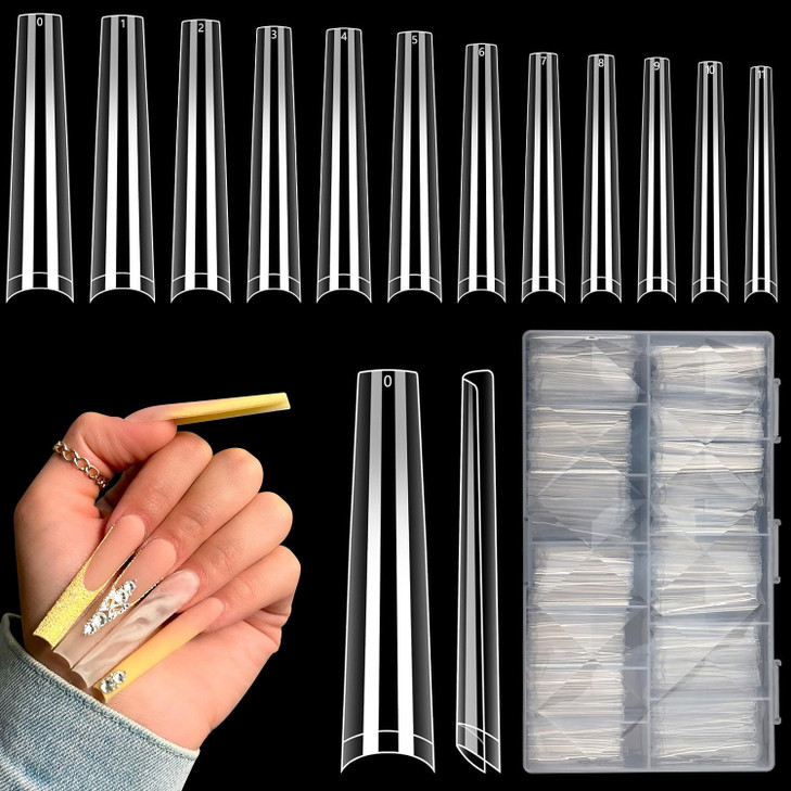 504Pcs Clear Coffin Nail Tips for Acrylic Nails Professional XXXL Extra Long No C Curve Coffin Straight Acrylic Nail Tip