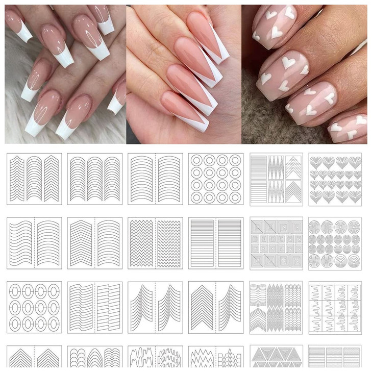 TailaiMei 1768 Pieces 60 Designs French Manicure Nail Stickers Nail Art Tips Guides for DIY Decoration Stencil Tools 36