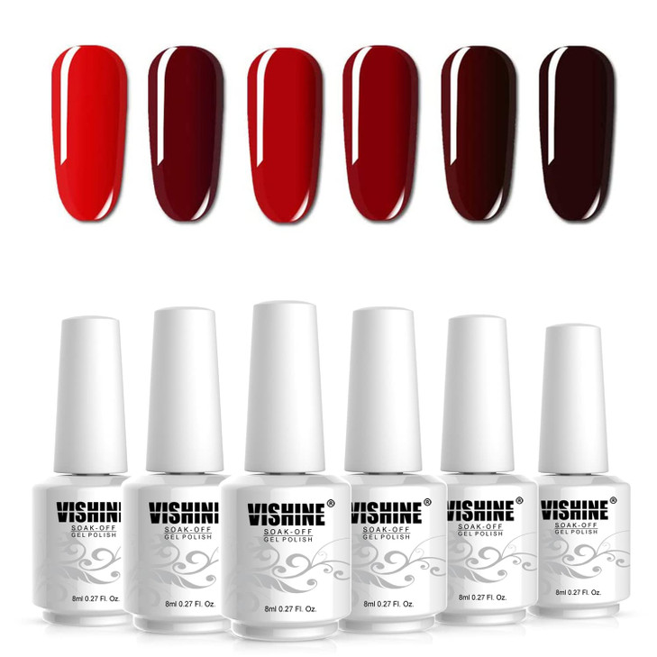 Vishine Red Colors Collection Gel Polish Set Pack of 6 Colors Shine Finish and Long Lasting Soak Off UV LED Gel 8mlPcs G