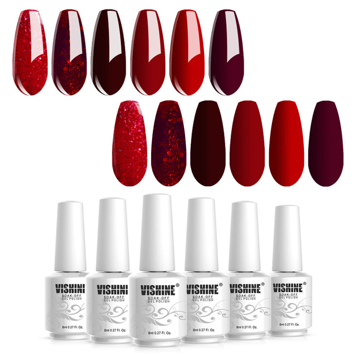 Vishine Burgandy Red and Red Glitter Gel Polish Set 6 Colors Long Lasting Soak Off UV LED Gel 8ml Bottle